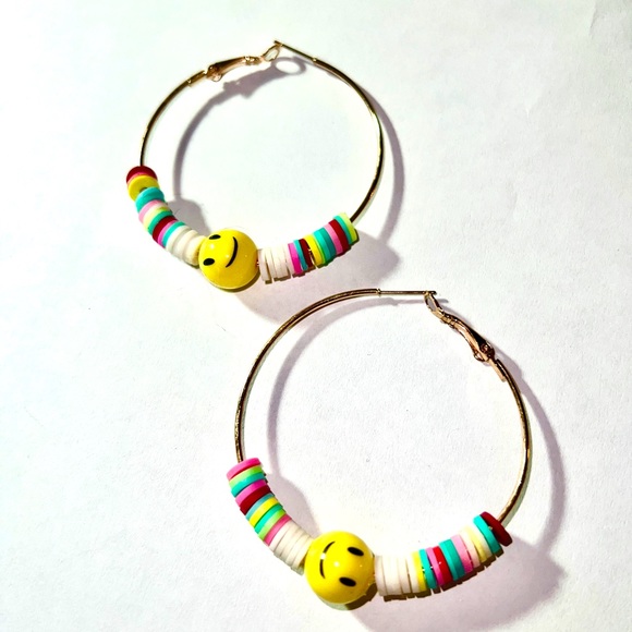 Oh Happy Day, Gold Hoop Smiley Face Colorful Beaded Earrings - Picture 3 of 11